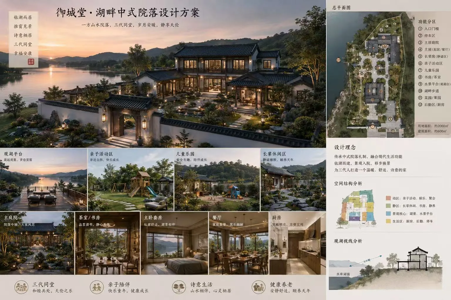 水库边中式院落建筑方案板，记录过去对于中国院子的想象