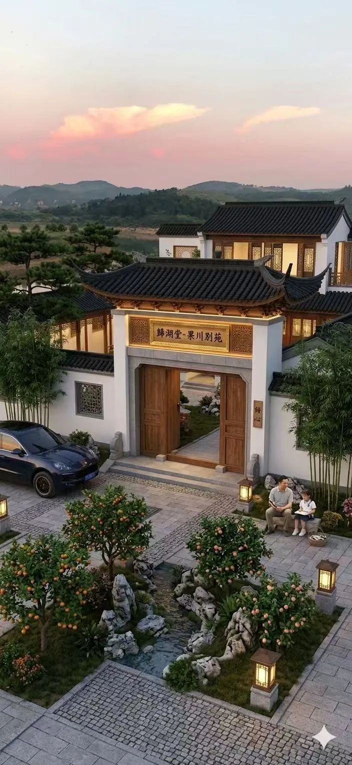 水库边中式院落入口的过去建筑想象