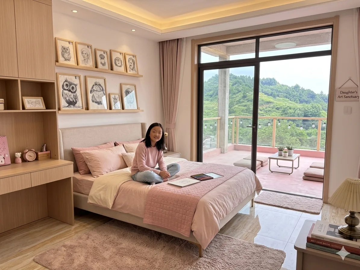 未来生活想象：连接天台山景的女儿房间