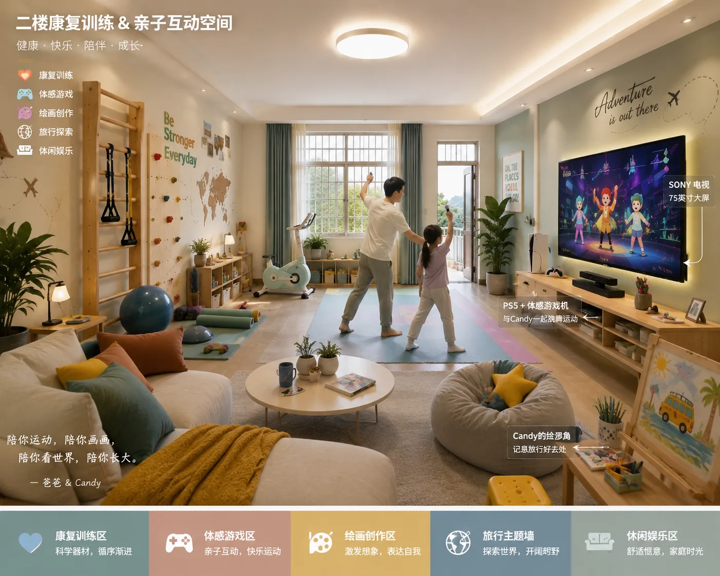 未来生活想象：用于康复、活动和家人陪伴的二楼空间